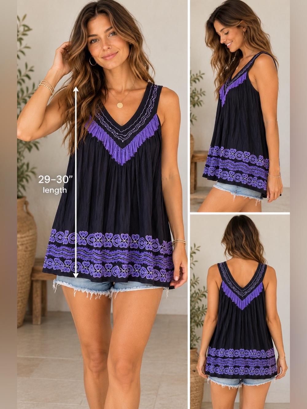 India Boutique Black Purple Embroidered Boho Gauze Babydoll Tank Top OS